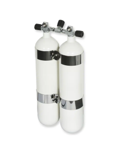 BtS Twinset 2 × 7 L Narrow Steel cylinder, 230 bar, Ø 140 mm, OMS Tank Bands, Manifold with Isolator