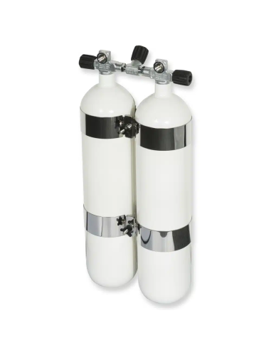 BtS Twinset 2 × 7 L Narrow Steel cylinder, 230 bar, Ø 140 mm, OMS Tank Bands, Manifold with Isolator
