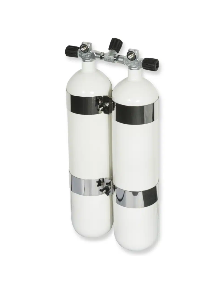 BtS Twinset 2 × 7 L Narrow Steel cylinder, 230 bar, Ø 140 mm, OMS Tank Bands, Manifold with Isolator