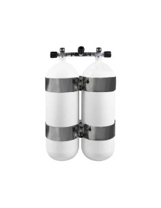 BtS Twinset 2 × 15 L Steel cylinder, 230 bar, Ø 204 mm, OMS Tank Bands, Manifold with Isolator