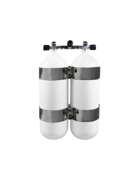 BtS Twinset 2 × 15 L Steel cylinder, 230 bar, Ø 204 mm, OMS Tank Bands, Manifold with Isolator