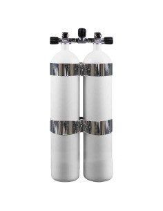 BtS Twinset 2 × 8.5 L Concave Narrow Steel cylinder, 230 bar, Ø 140 mm, OMS Tank Bands, Manifold with Isolator
