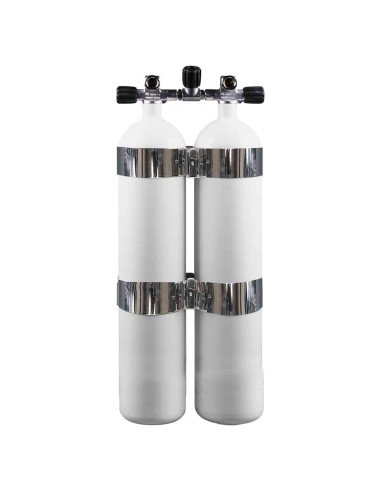 BtS Twinset 2 × 8.5 L Concave Narrow Steel cylinder, 230 bar, Ø 140 mm, OMS Tank Bands, Manifold with Isolator