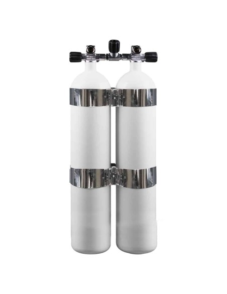 BtS Twinset 2 × 8.5 L Concave Narrow Steel cylinder, 230 bar, Ø 140 mm, OMS Tank Bands, Manifold with Isolator