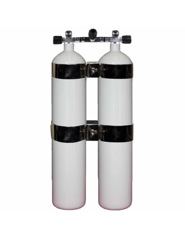 BtS Twinset 2 × 8.5 L Concave Wide Steel cylinder, 230 bar, Ø 140 mm, OMS Tank Bands, Manifold with Isolator