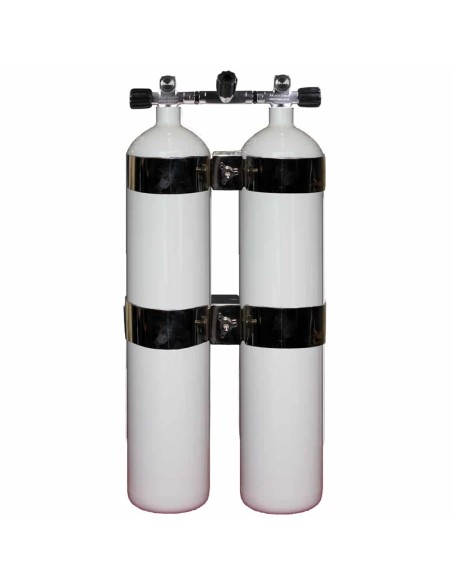 BtS Twinset 2 × 8.5 L Concave Wide Steel cylinder, 230 bar, Ø 140 mm, OMS Tank Bands, Manifold with Isolator