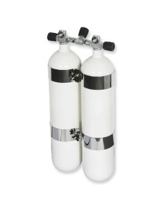 BtS Twinset 2 × 7 L Narrow Steel cylinder, 300 bar, Ø 140 mm, OMS Tank Bands, Manifold with Isolator