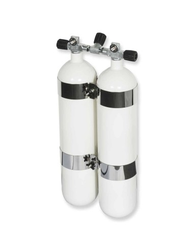 BtS Twinset 2 × 7 L Narrow Steel cylinder, 300 bar, Ø 140 mm, OMS Tank Bands, Manifold with Isolator