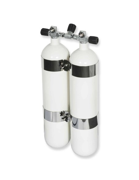 BtS Twinset 2 × 7 L Narrow Steel cylinder, 300 bar, Ø 140 mm, OMS Tank Bands, Manifold with Isolator
