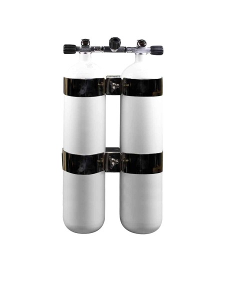 BtS Twinset 2 × 7 L Wide Steel cylinder, 300 bar, Ø 140 mm, OMS Tank Bands, Manifold with Isolator