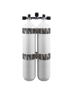 BtS Twinset 2 × 8 L Narrow Steel cylinder, 300 bar, Ø 140 mm, OMS Tank Bands, Manifold with Isolator