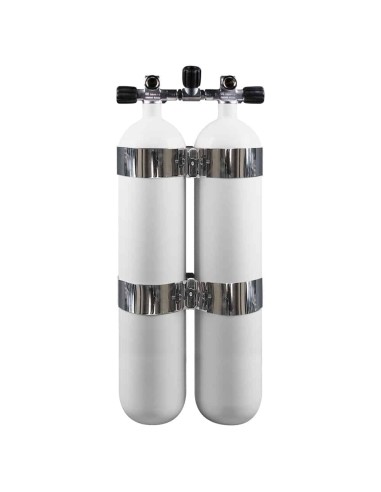 BtS Twinset 2 × 8 L Narrow Steel cylinder, 300 bar, Ø 140 mm, OMS Tank Bands, Manifold with Isolator