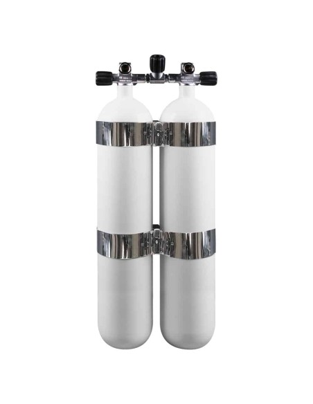 BtS Twinset 2 × 8 L Narrow Steel cylinder, 300 bar, Ø 140 mm, OMS Tank Bands, Manifold with Isolator