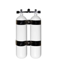 BtS Twinset 2 × 8 L Wide Steel cylinder, 300 bar, Ø 140 mm, OMS Tank Bands, Manifold with Isolator