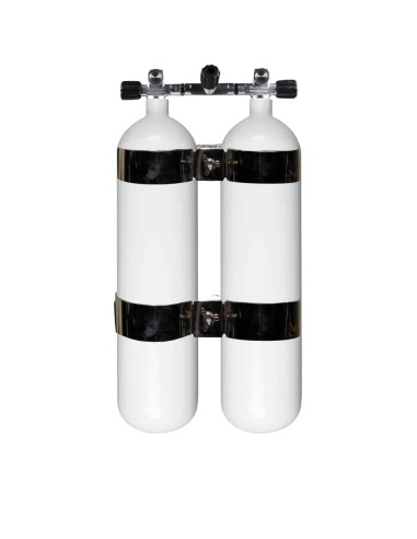 BtS Twinset 2 × 8 L Wide Steel cylinder, 300 bar, Ø 140 mm, OMS Tank Bands, Manifold with Isolator