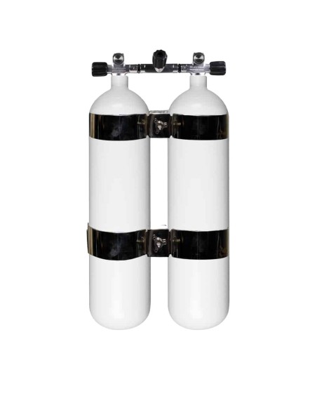 BtS Twinset 2 × 8 L Wide Steel cylinder, 300 bar, Ø 140 mm, OMS Tank Bands, Manifold with Isolator