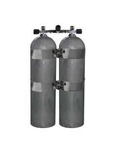 BtS Twinset 2 × 11.1 L AlCan aluminium cylinder, 207 bar, Ø 184 mm, OMS Tank Bands, Manifold with Isolator