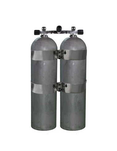 BtS Twinset 2 × 11.1 L AlCan aluminium cylinder, 207 bar, Ø 184 mm, OMS Tank Bands, Manifold with Isolator