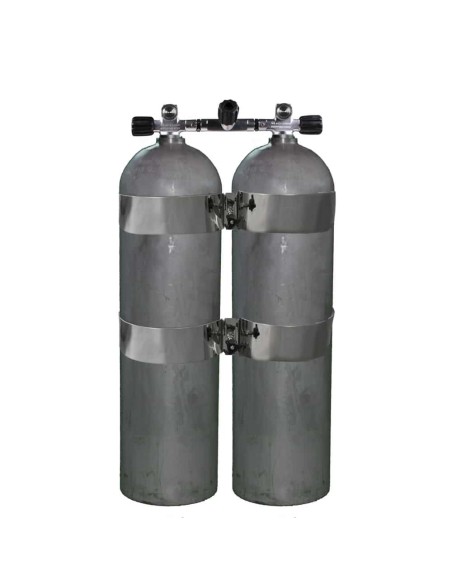 BtS Twinset 2 × 11.1 L AlCan aluminium cylinder, 207 bar, Ø 184 mm, OMS Tank Bands, Manifold with Isolator