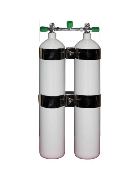 BtS Twinset 2 × 8.5 L Concave Steel cylinder, 230 bar, Ø 140 mm, OMS Tank Bands, EU Nitrox Manifold with Isolator
